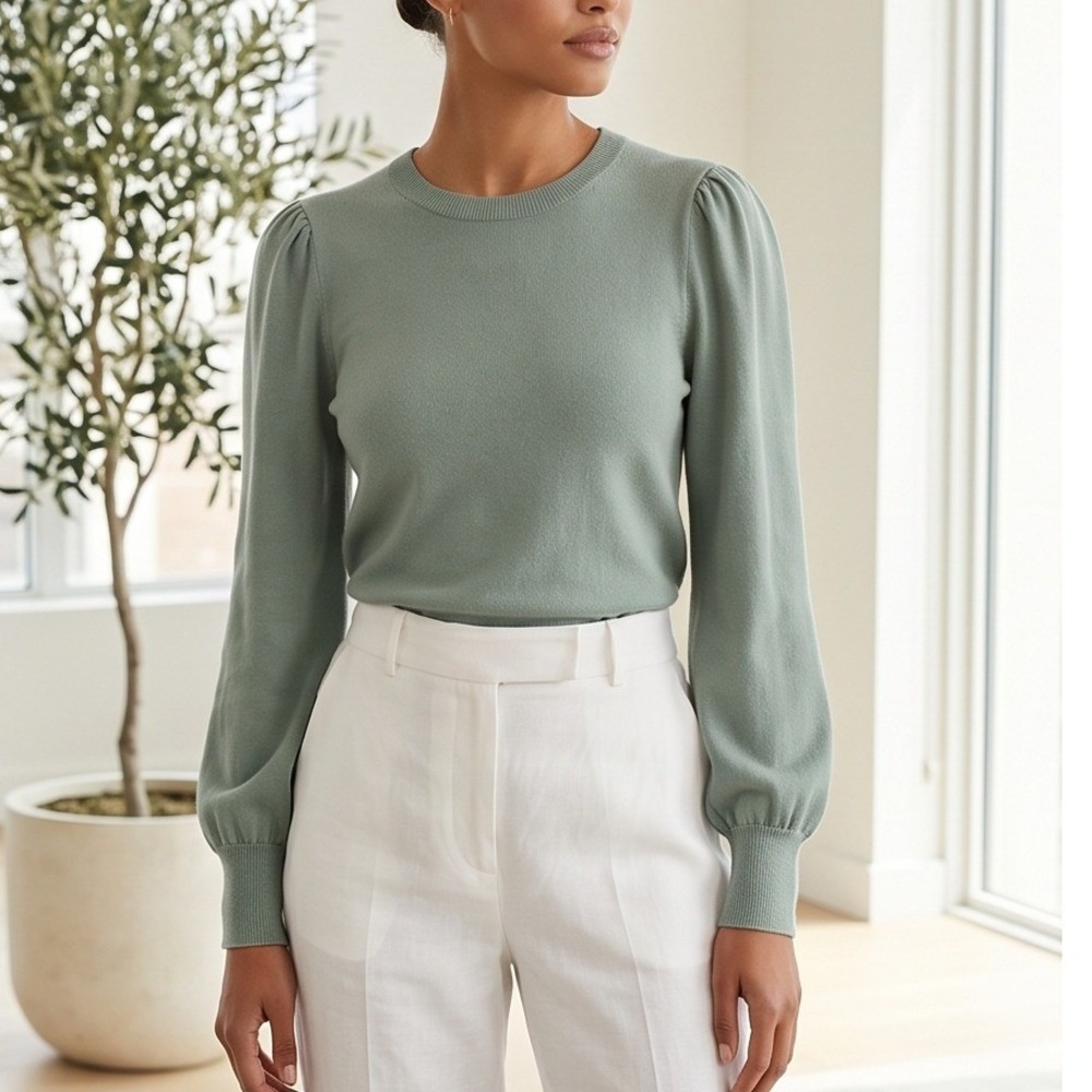 Lauren Ralph Lauren‎ XL Sage Green Puff Sleeve Tie Waist Sweater Cotton Modal